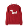 Thom Browne Style Dog Motif Polo-Collar Wool Cardigan