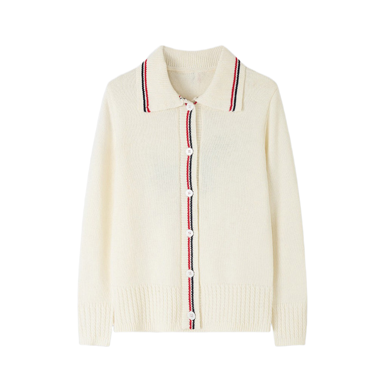 Thom Browne Style Dog Motif Polo-Collar Wool Cardigan
