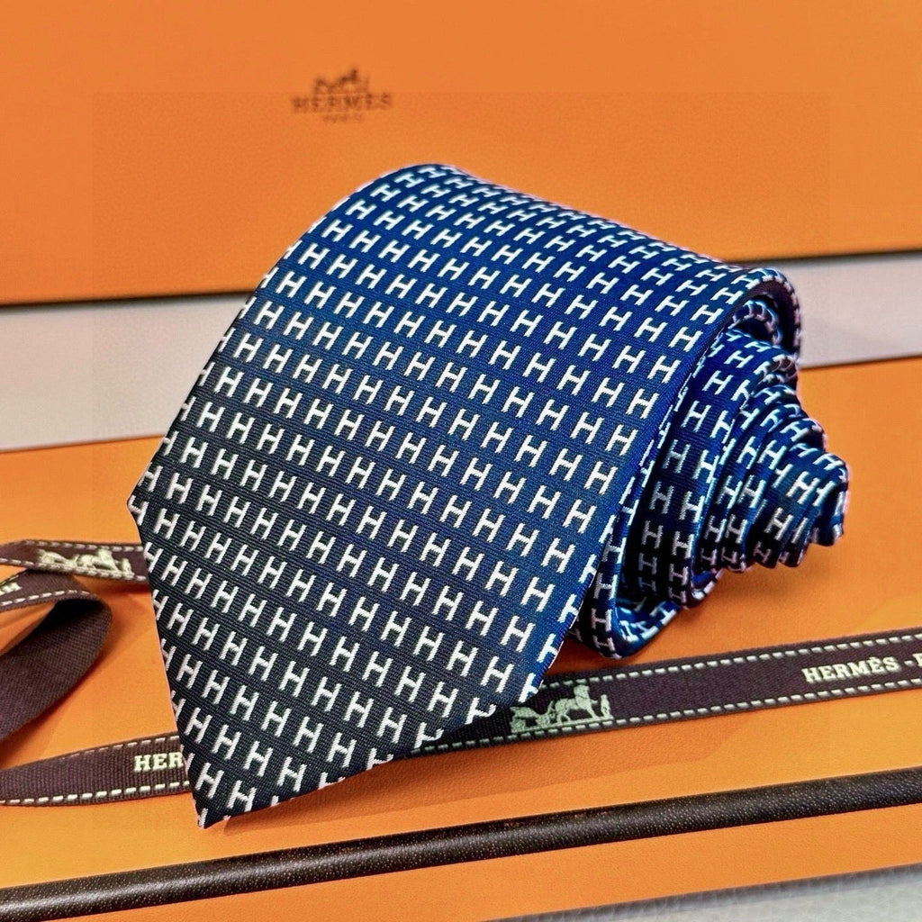Hermes Style Men's H Pattern Woven Silk Tie