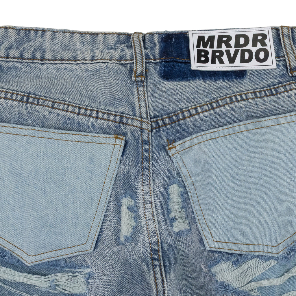 BLUE DISTRESSED STRAIGHT-FIT JEANS