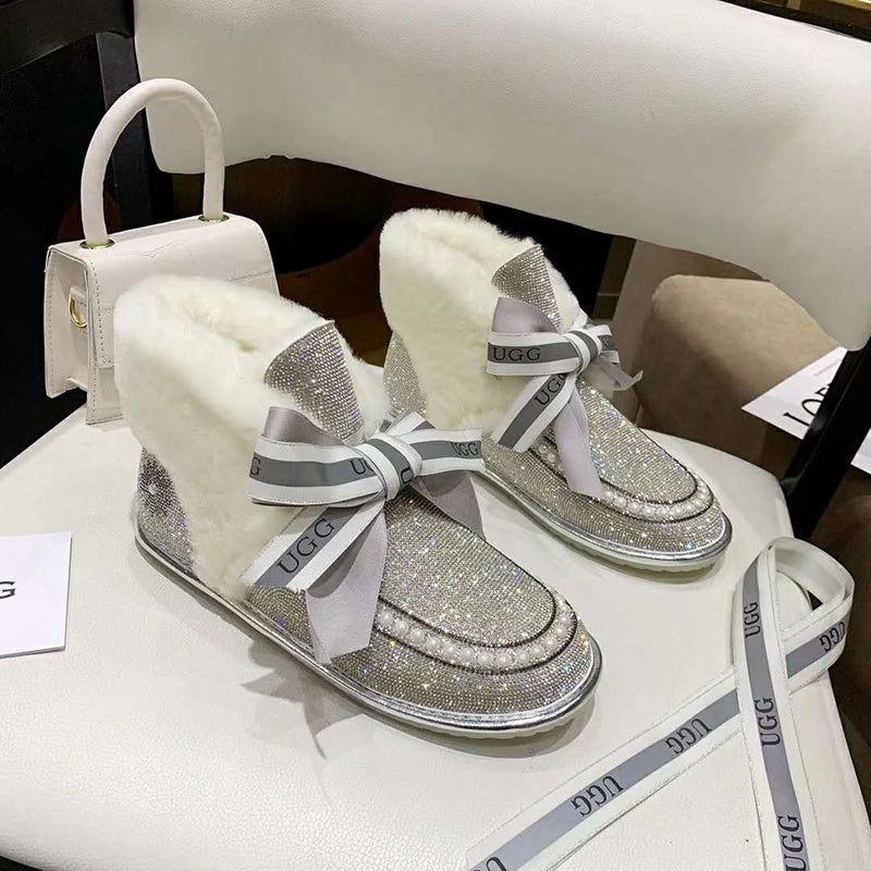 Daisy Crystal Ribbon Snow Boot — Silver White | New Arrival | In Stock