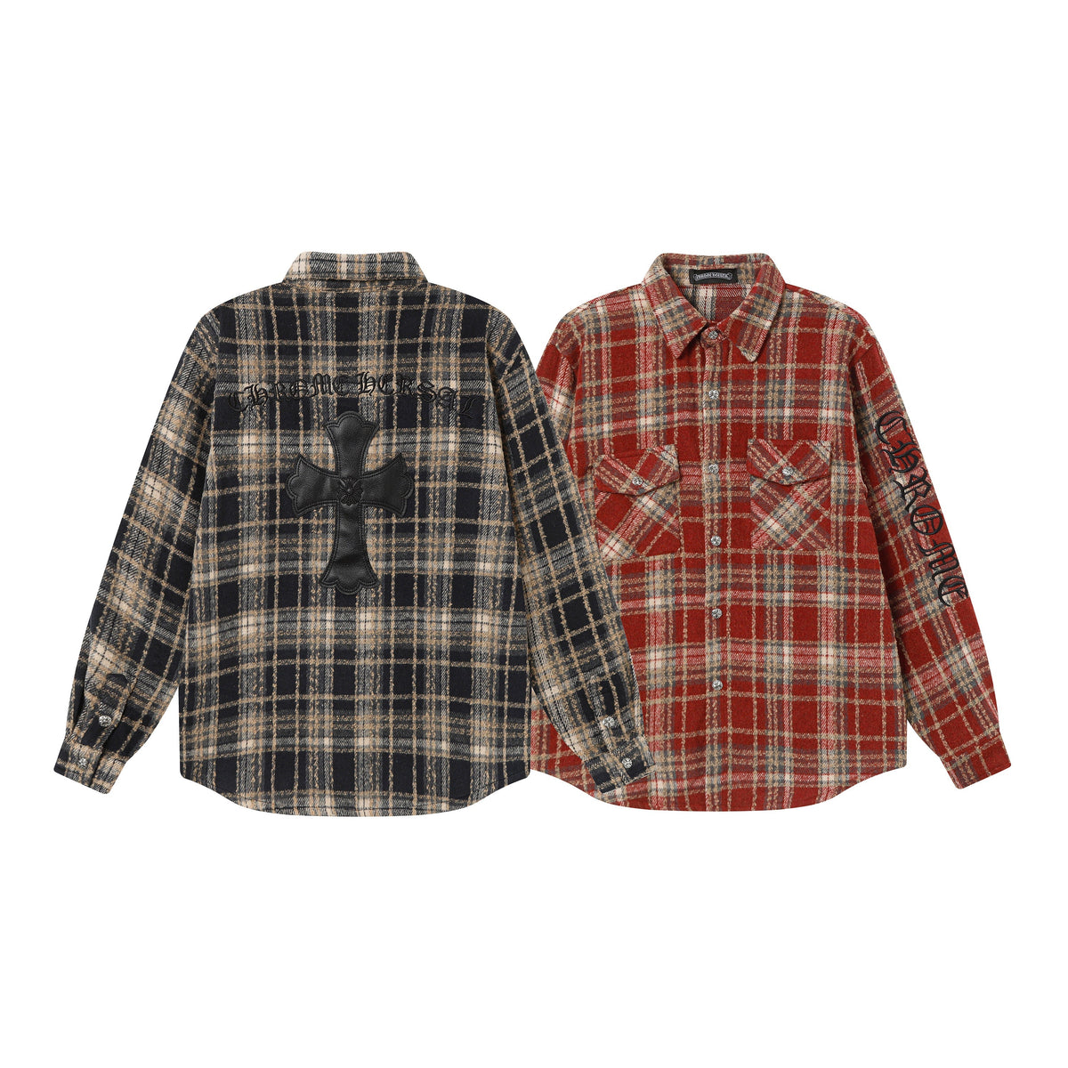 Chrome Hearts Embroidered Leather Cross Detail Flannel Shirt