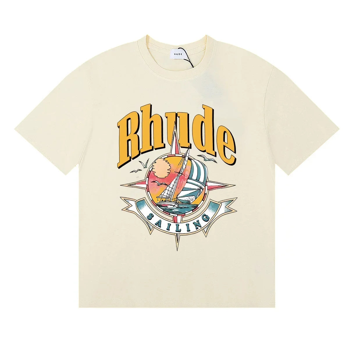 Rhude Sailing Compass Sailboat Vintage Graphic Cream Oversized T‑Shirt