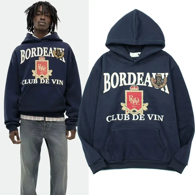 Rhude Bordeaux Club Wine Crest Graphic Oversized Hoodie Navy