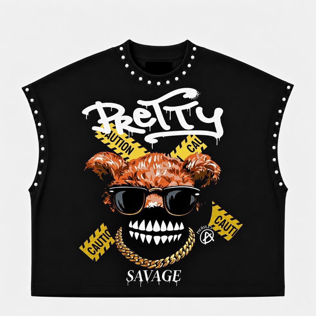 Rivet Decor Graphic Print Crew Neck Sleeveless Crop Tank Top Women