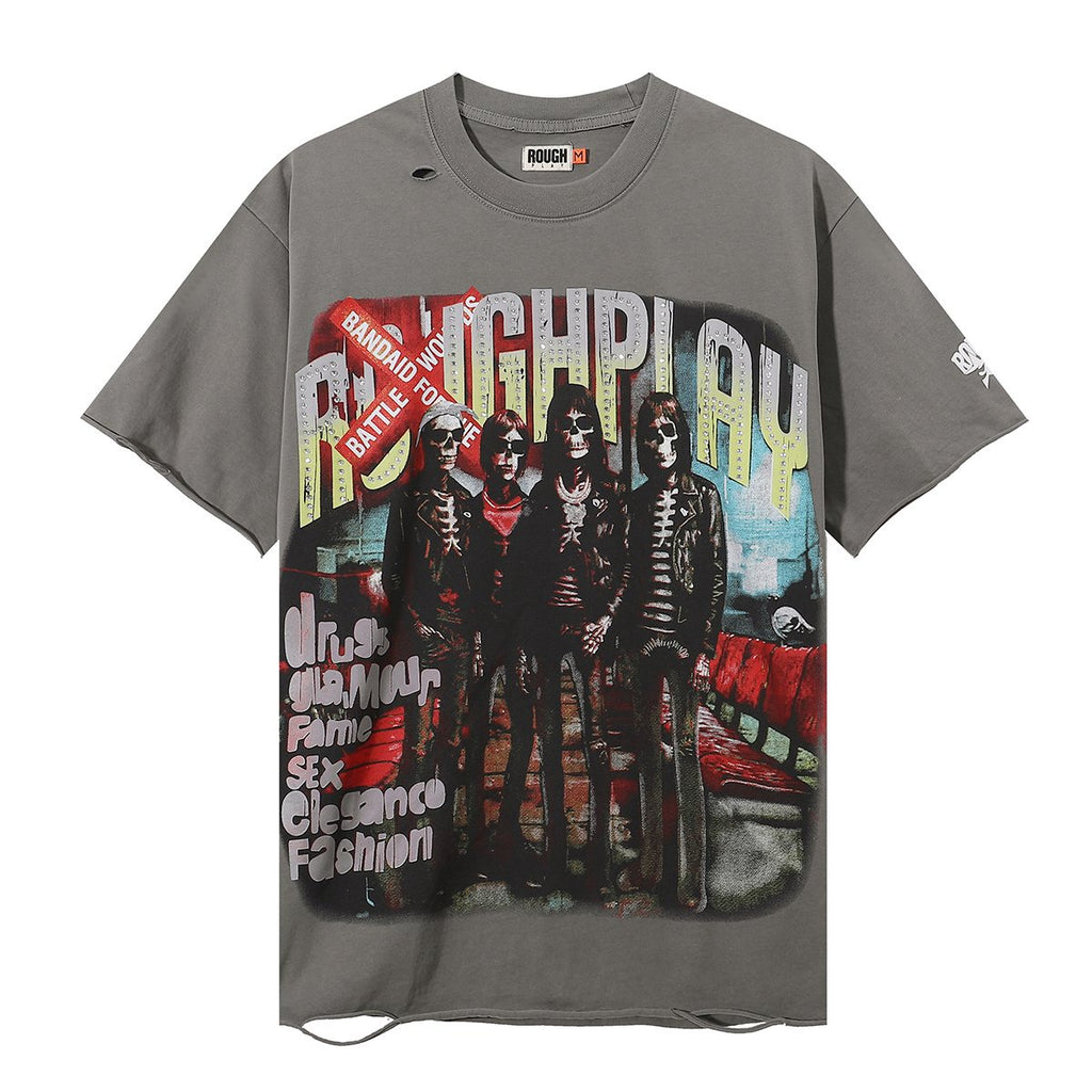 Rough Play Skeleton Rhinestone Distressed T-Shirt