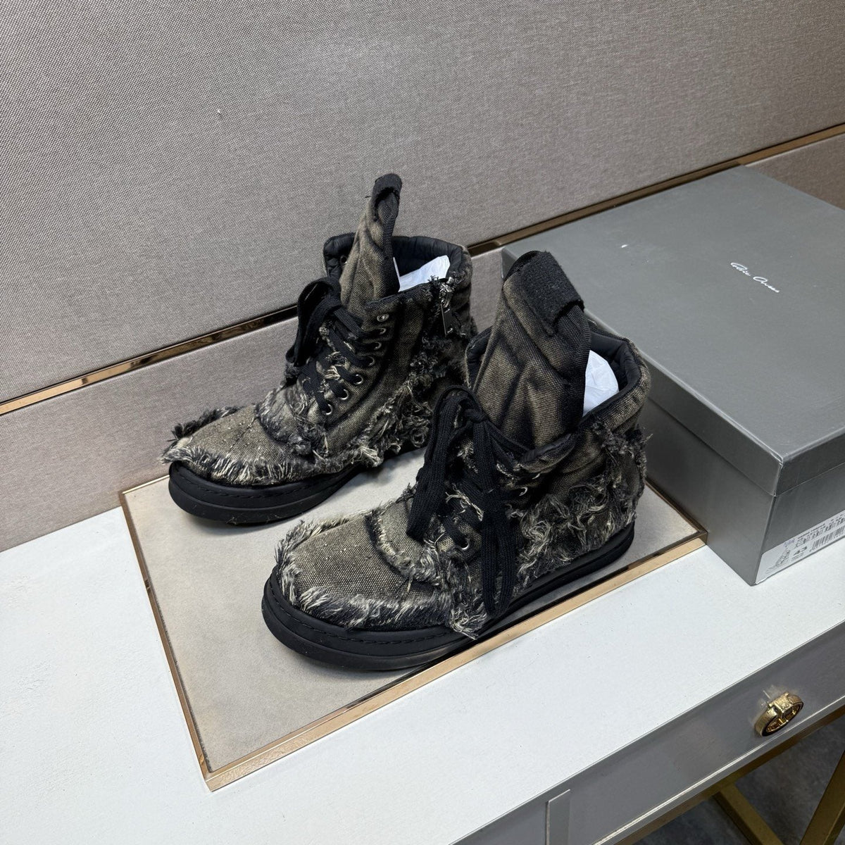 Gray and Black Distressed High-Top Sneakers
