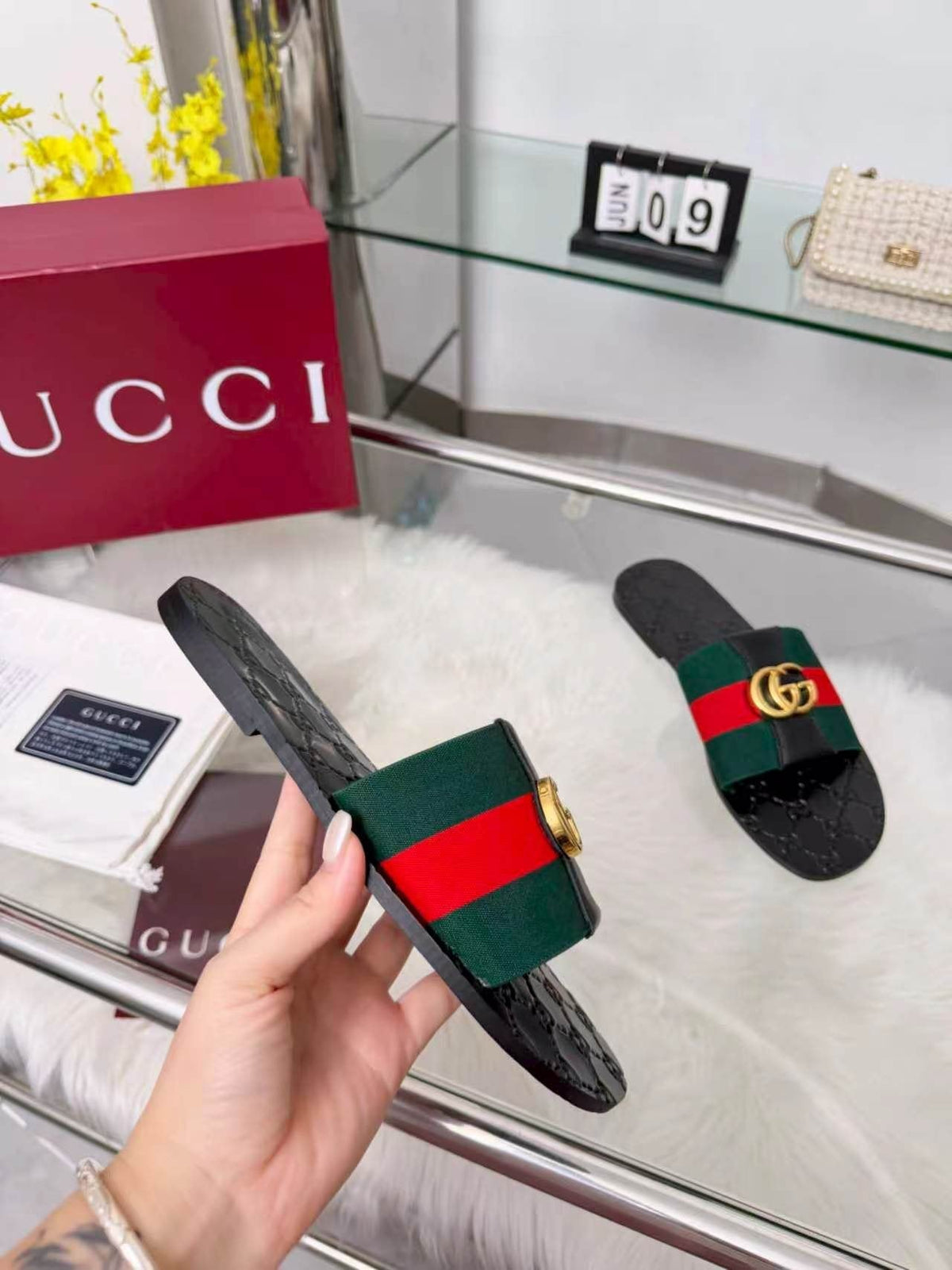 Gucci Black Striped Strap Slide Sandals