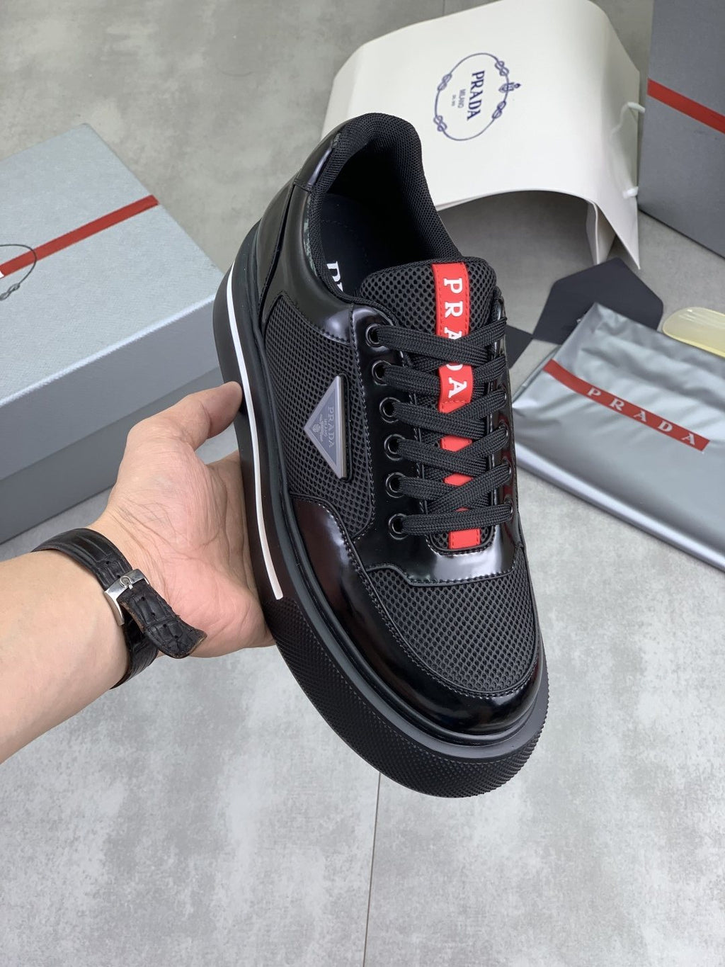 Prada Triangle Patch Low-Top Sneakers